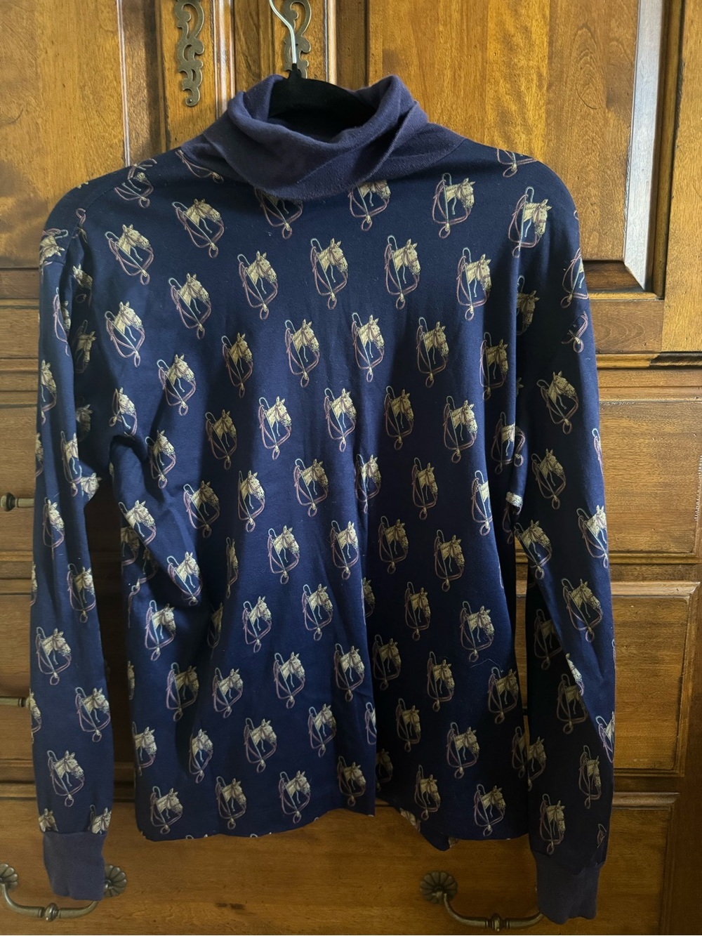 Ralph Lauren Equestrian Horse Print Mock Neck Turtleneck Long Sleeve Top